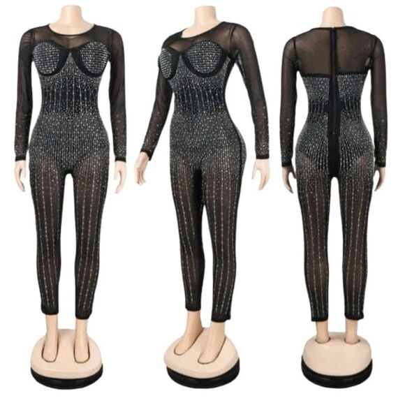 Jumpsuit Embellished W/ Rhinestones Black Mesh Size Medium - Picture 1 of 16